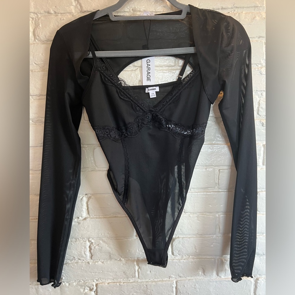 Two-Piece Black Mesh Bodysuit and Sleeves